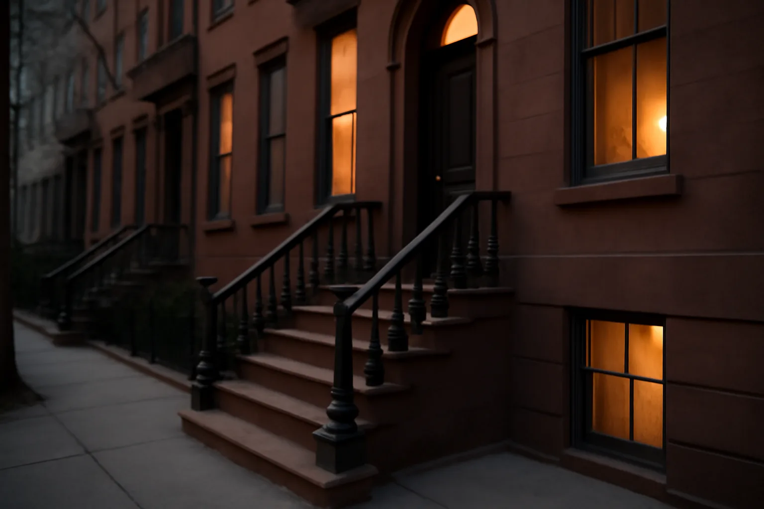 Brownstone apartment building stoop at dusk representing NYC short-term rental registration rules