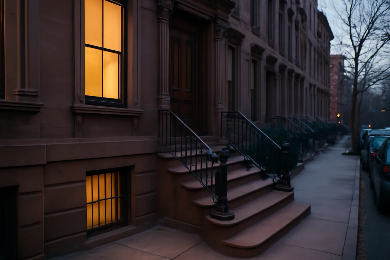 NYC brownstone entrance at dusk representing a short term rental registration unit