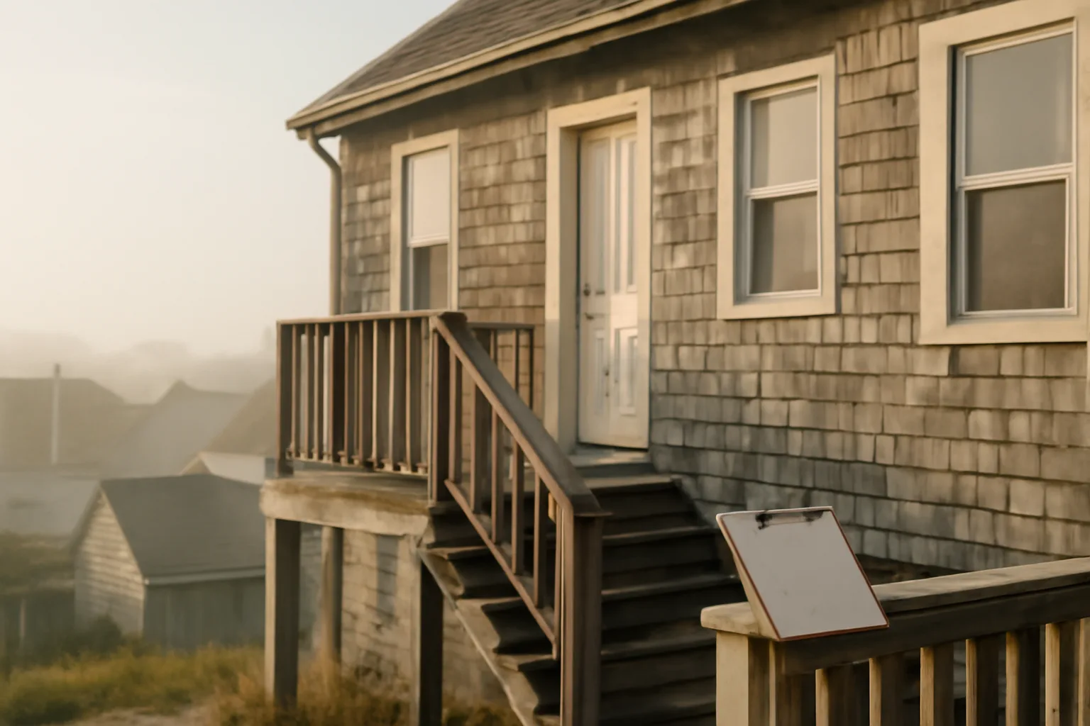 Coastal rental duplex in Ocean City with porch stairs during a morning license inspection