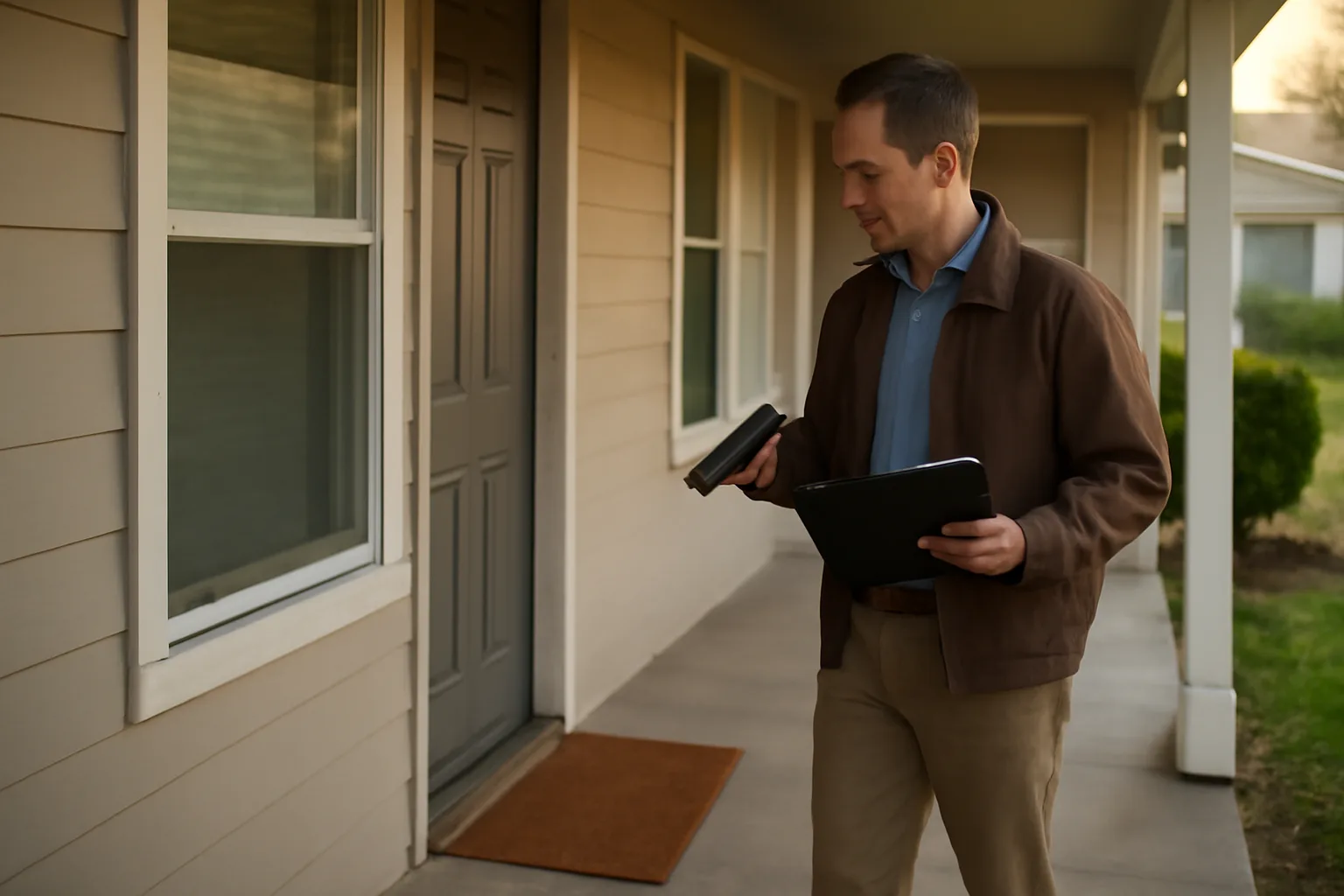 Landlord conducting a rental unit walkthrough on a duplex porch at sunrise