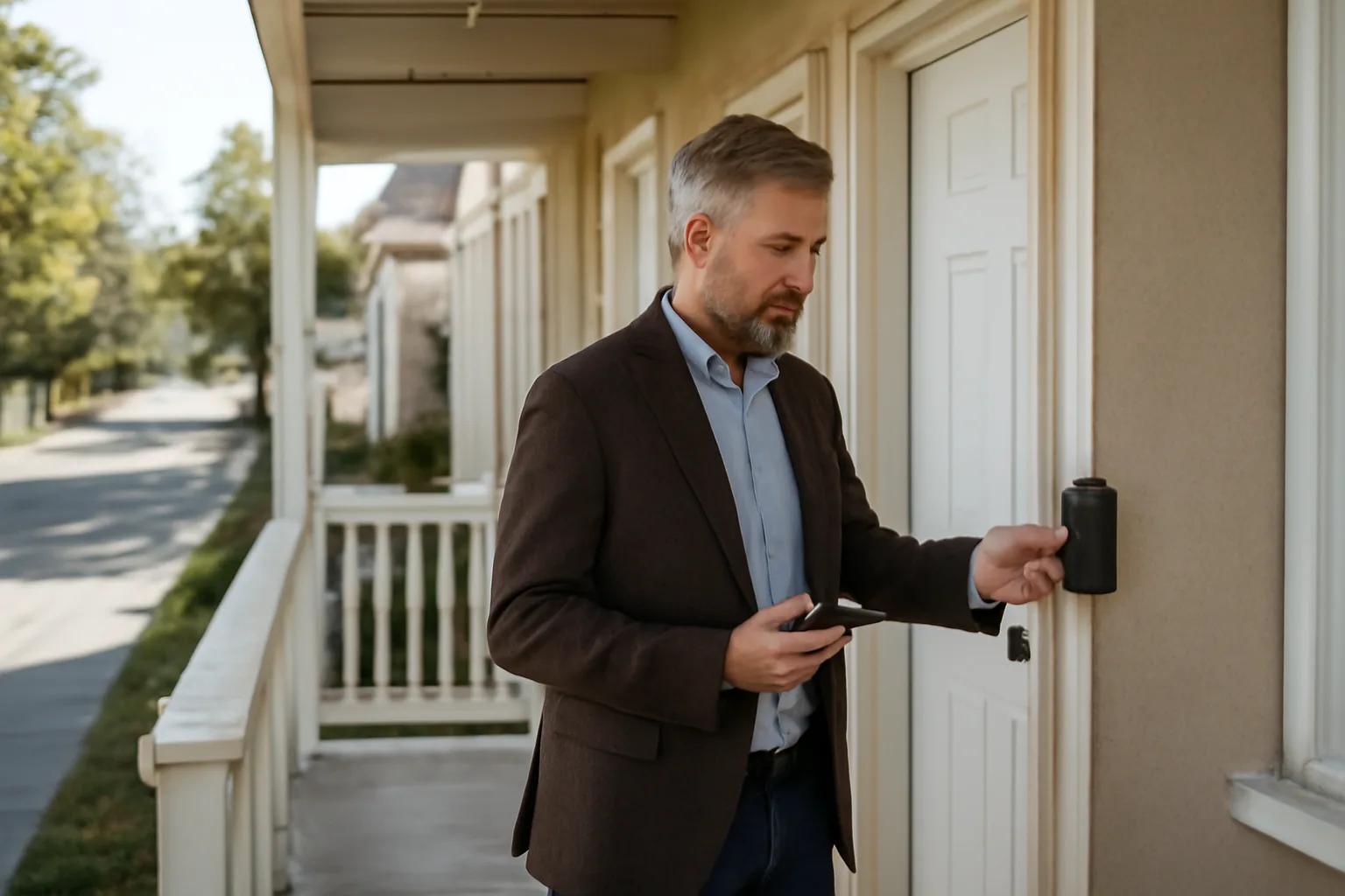 Landlord checking a rental unit's front door lockbox during a routine visit
