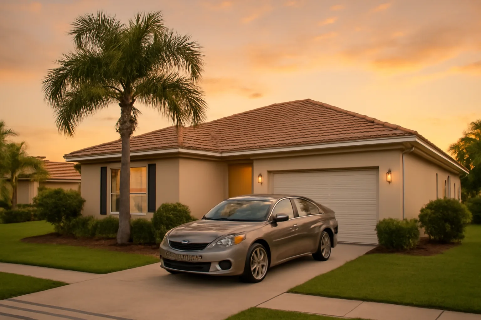 Furnished suburban Orlando home used as a short-term vacation rental at dusk