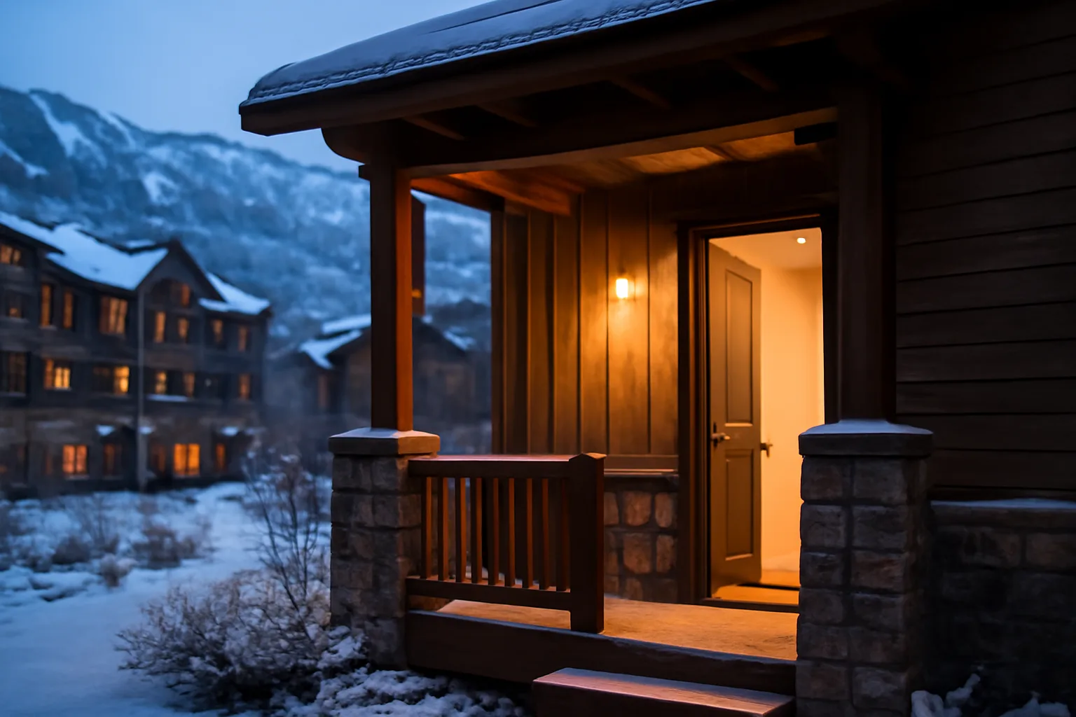 Mountain condo exterior at dusk representing a Park City nightly rental property