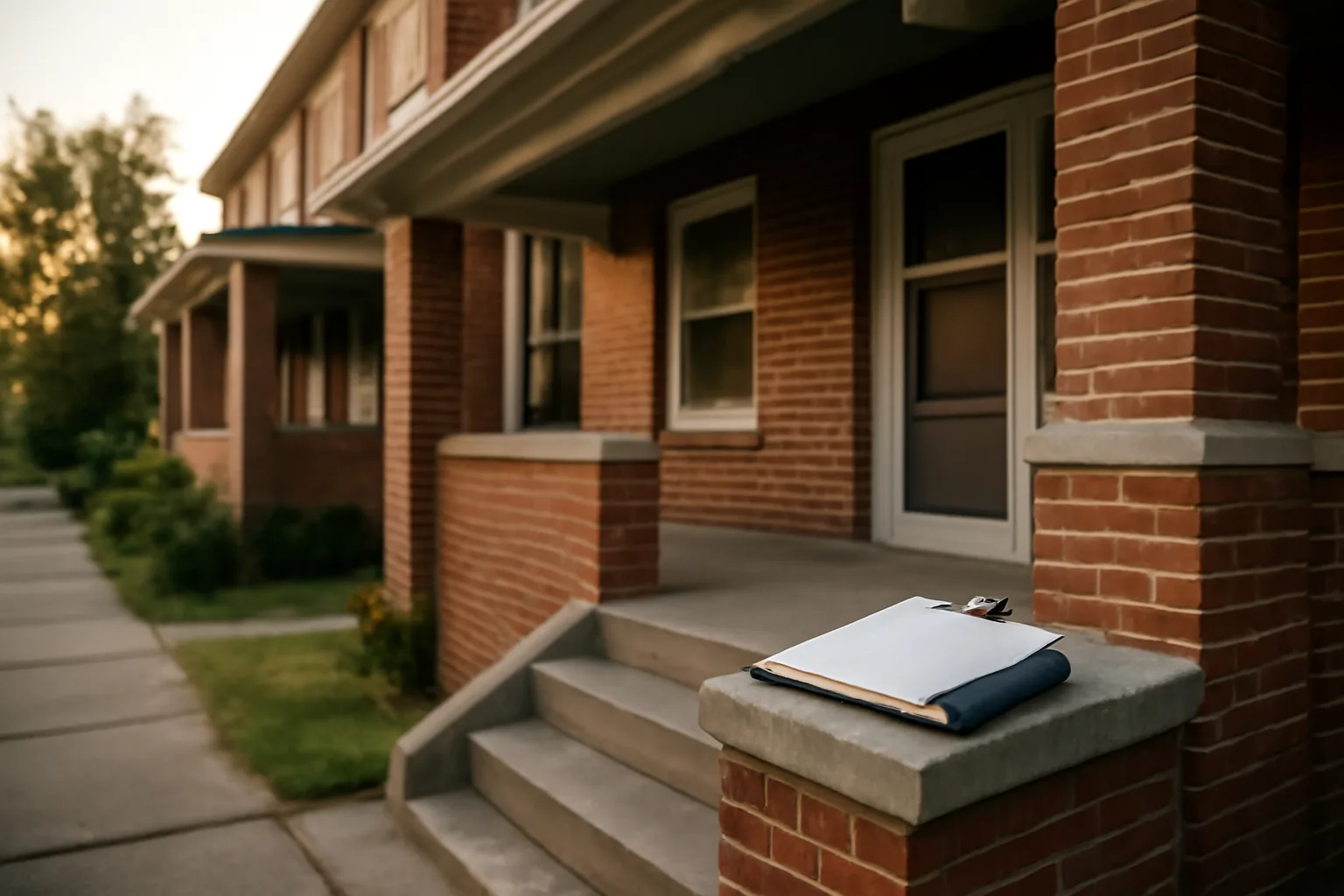 Brick duplex rental property exterior with porch, representing Parma rental registration inspection prep