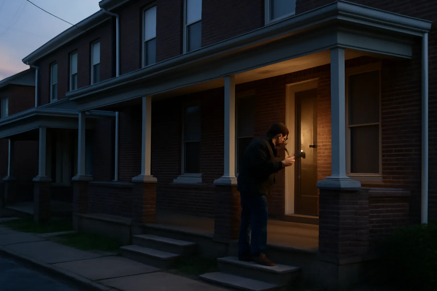 Landlord inspecting a brick rowhouse porch to understand Pennsylvania tenant rights