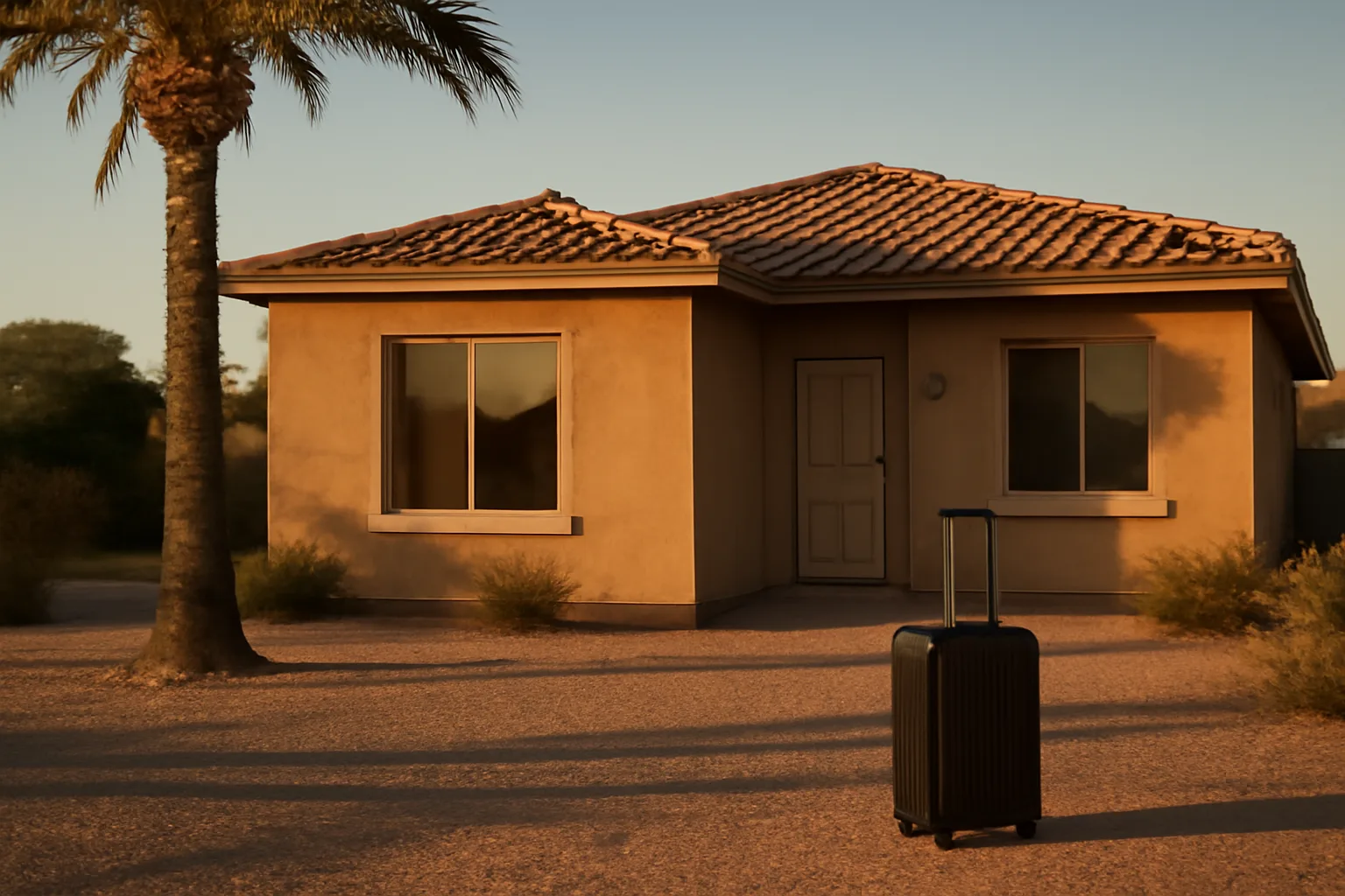 Stucco Phoenix home at dusk representing a registered short term rental property