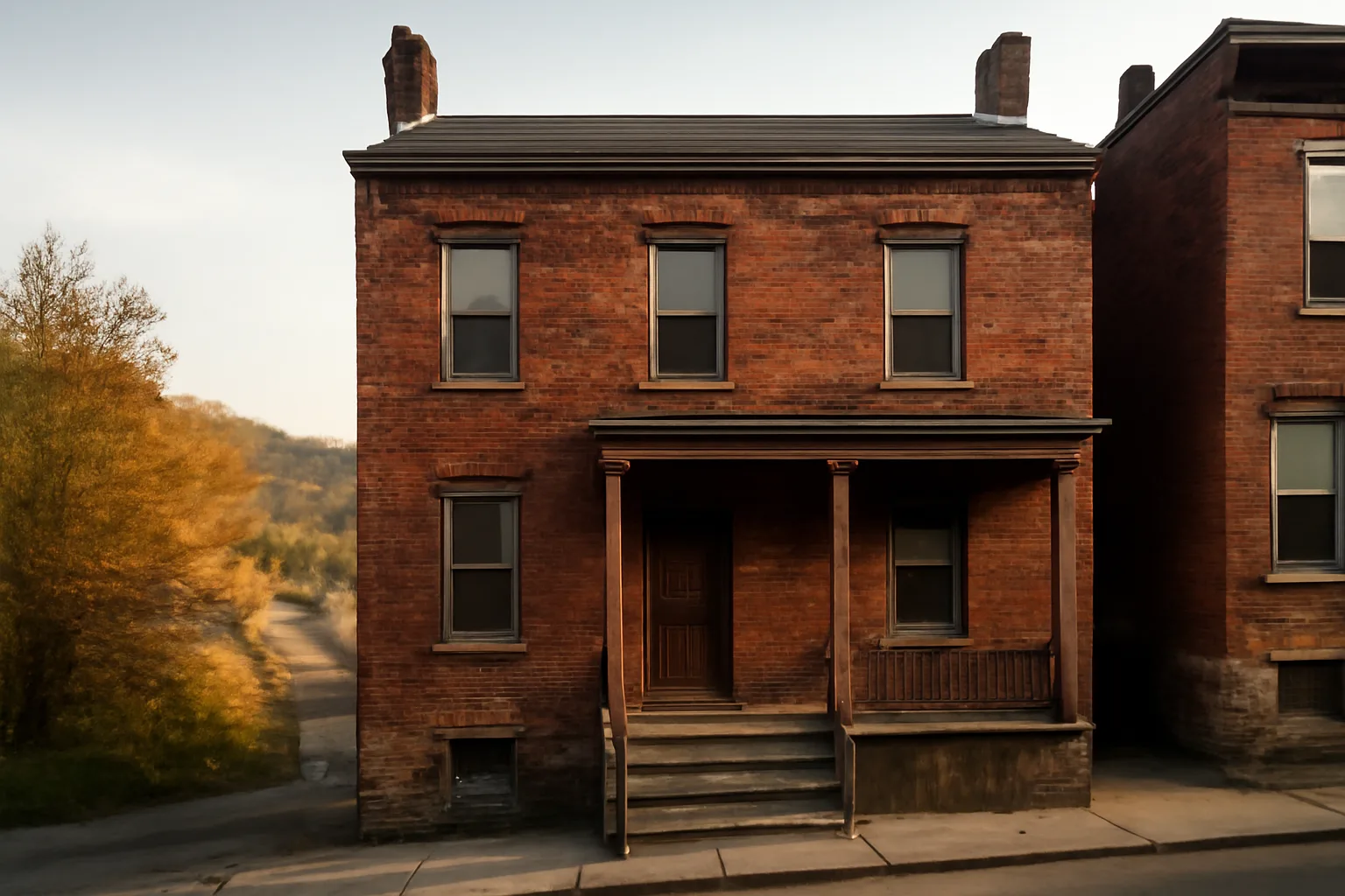 Brick duplex rowhouse on a Pittsburgh hillside street representing rental registration compliance