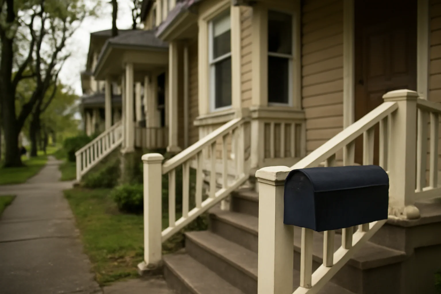 Portland duplex exterior with porch and mailbox in overcast morning light
