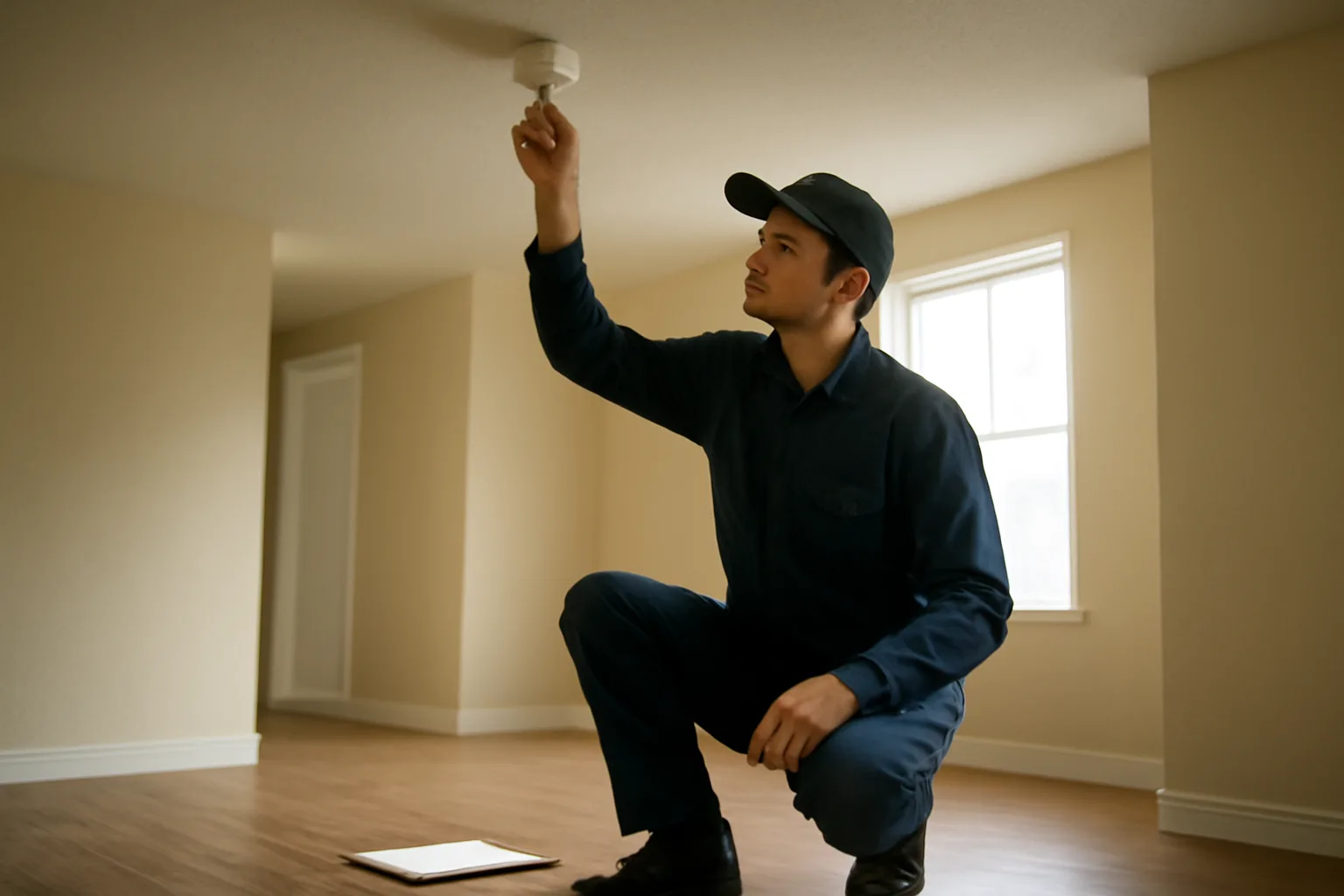 Landlord testing a smoke detector during a pre-rental checklist walk-through