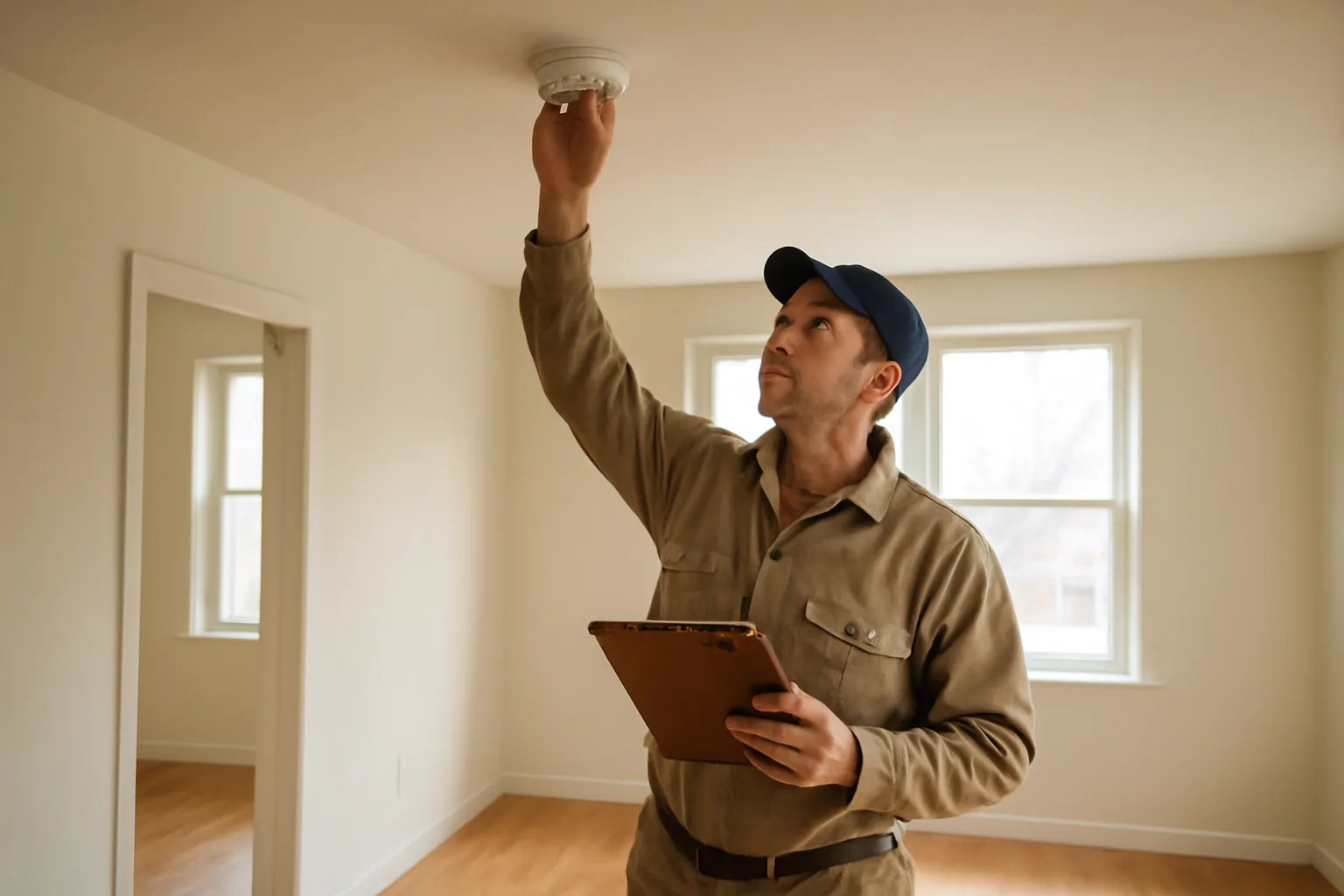 Landlord holding a clipboard checks a smoke alarm during a rental inspection walk-through