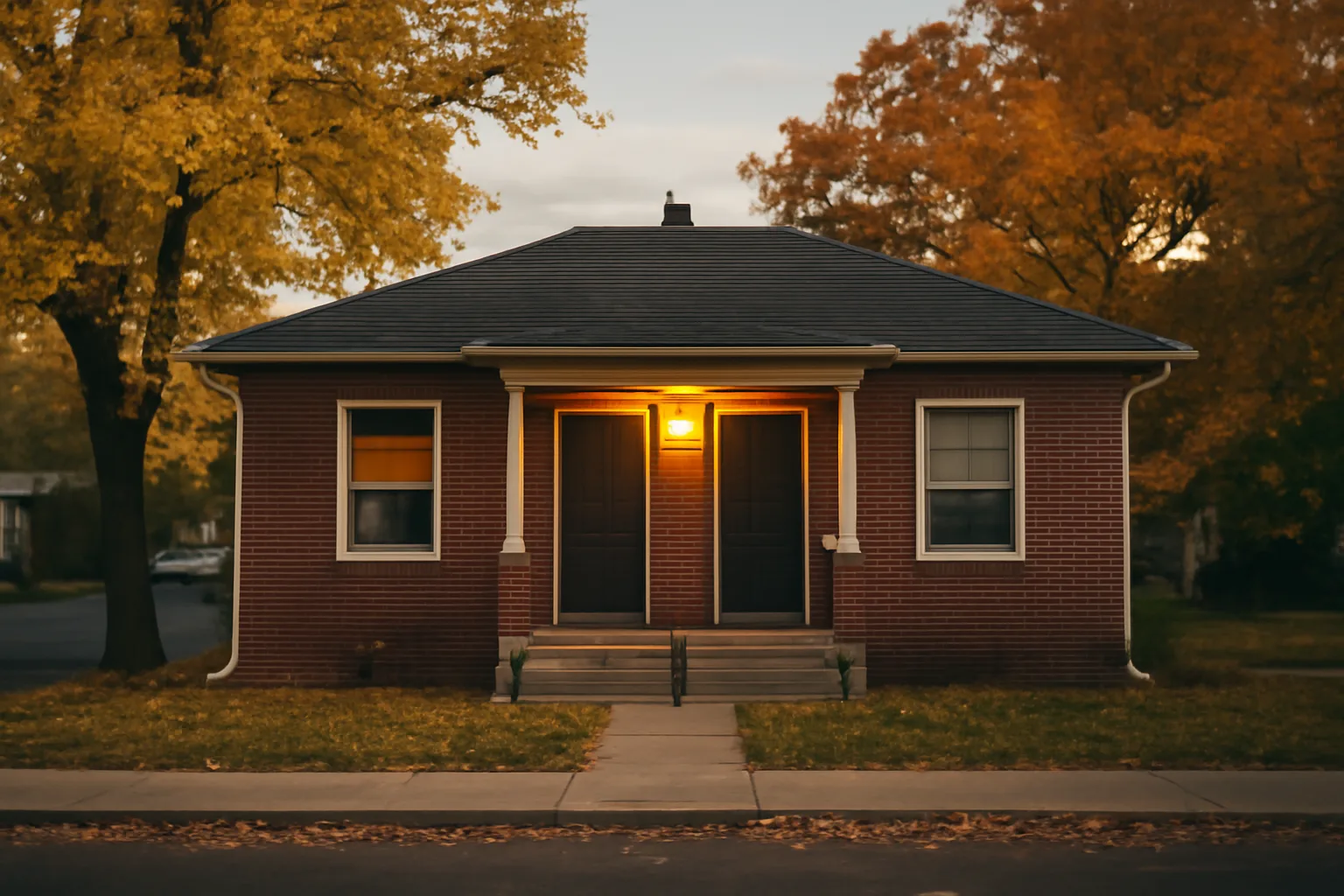 Small brick Denver duplex rental property exterior at golden hour with porch light on