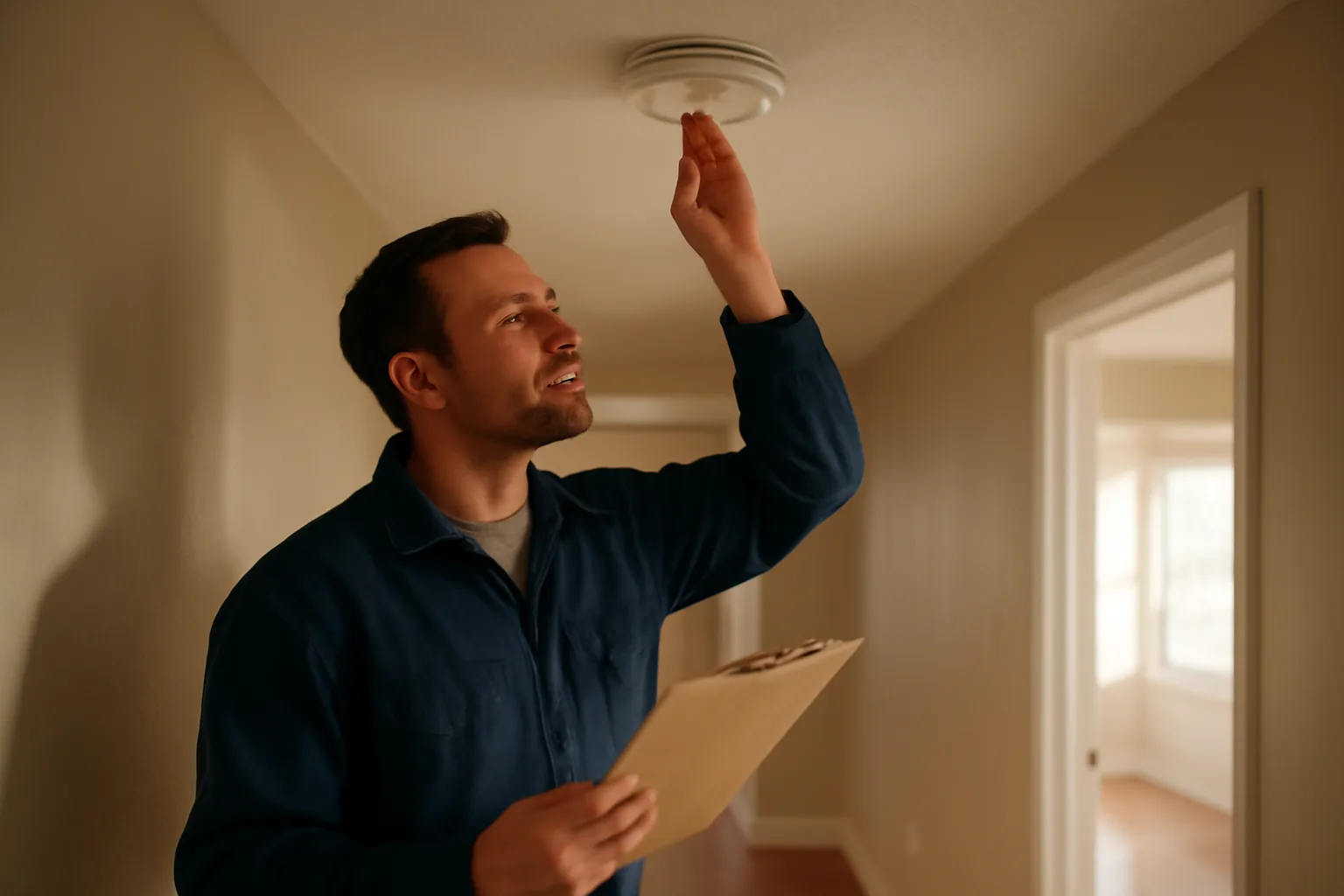 Landlord checking a smoke detector during a rental property registration inspection