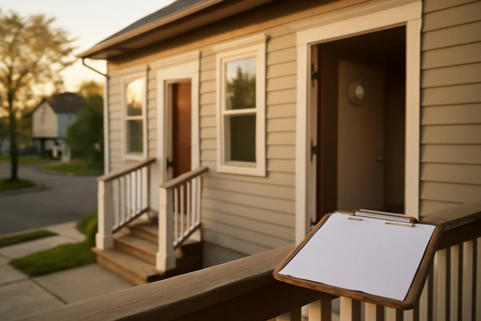 Inspector reviewing a Provo rental dwelling ahead of a licensing inspection at dusk