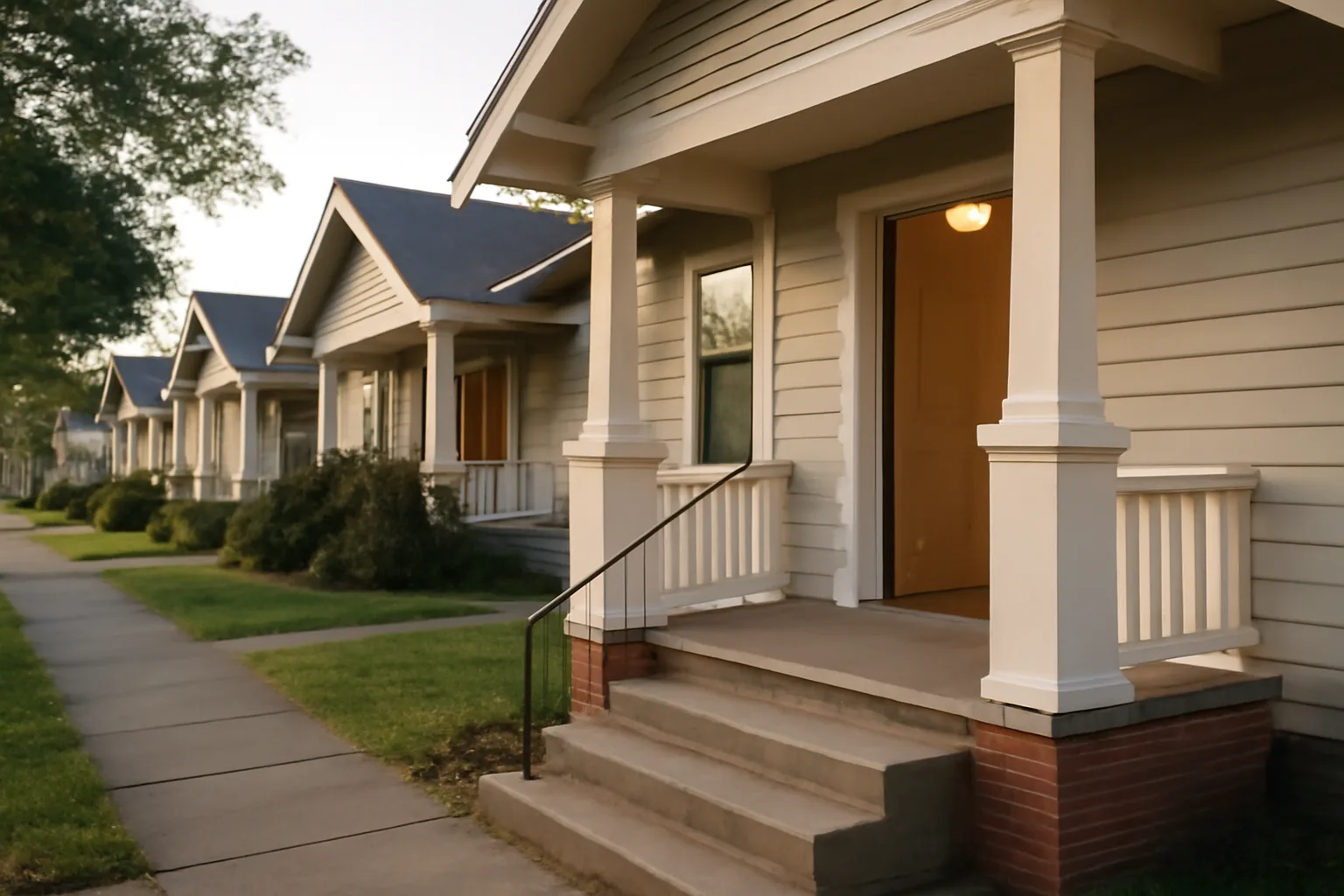 Row of single-family rental homes on a quiet Provo street in morning light