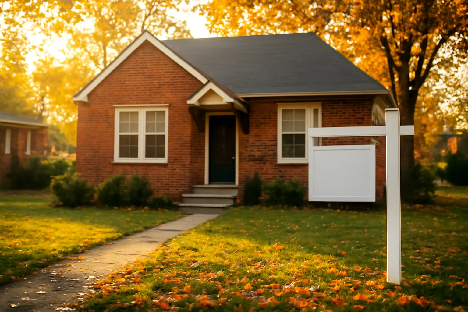 Single-family brick rental home with lawn in a quiet residential neighborhood at dusk