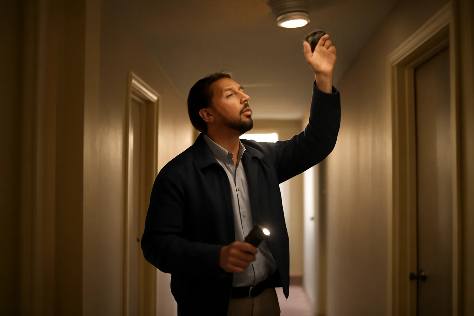 Landlord checking a smoke detector during a rental property inspection walkthrough