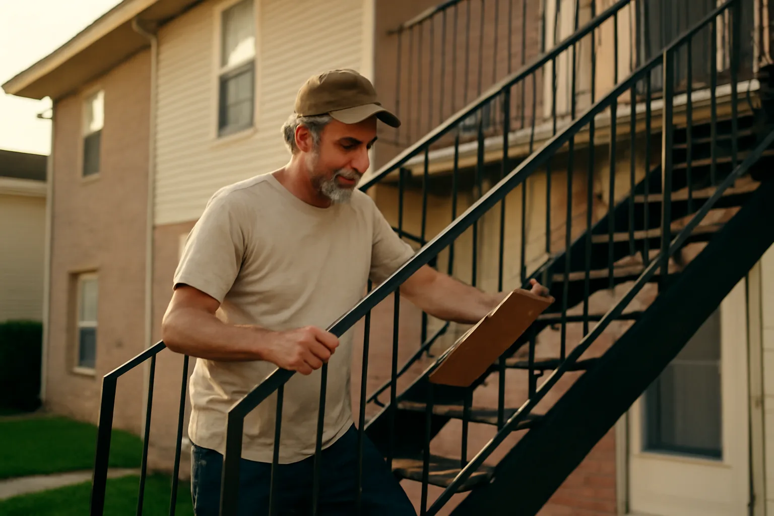 Landlord inspecting exterior stairwell of a small rental duplex at dusk