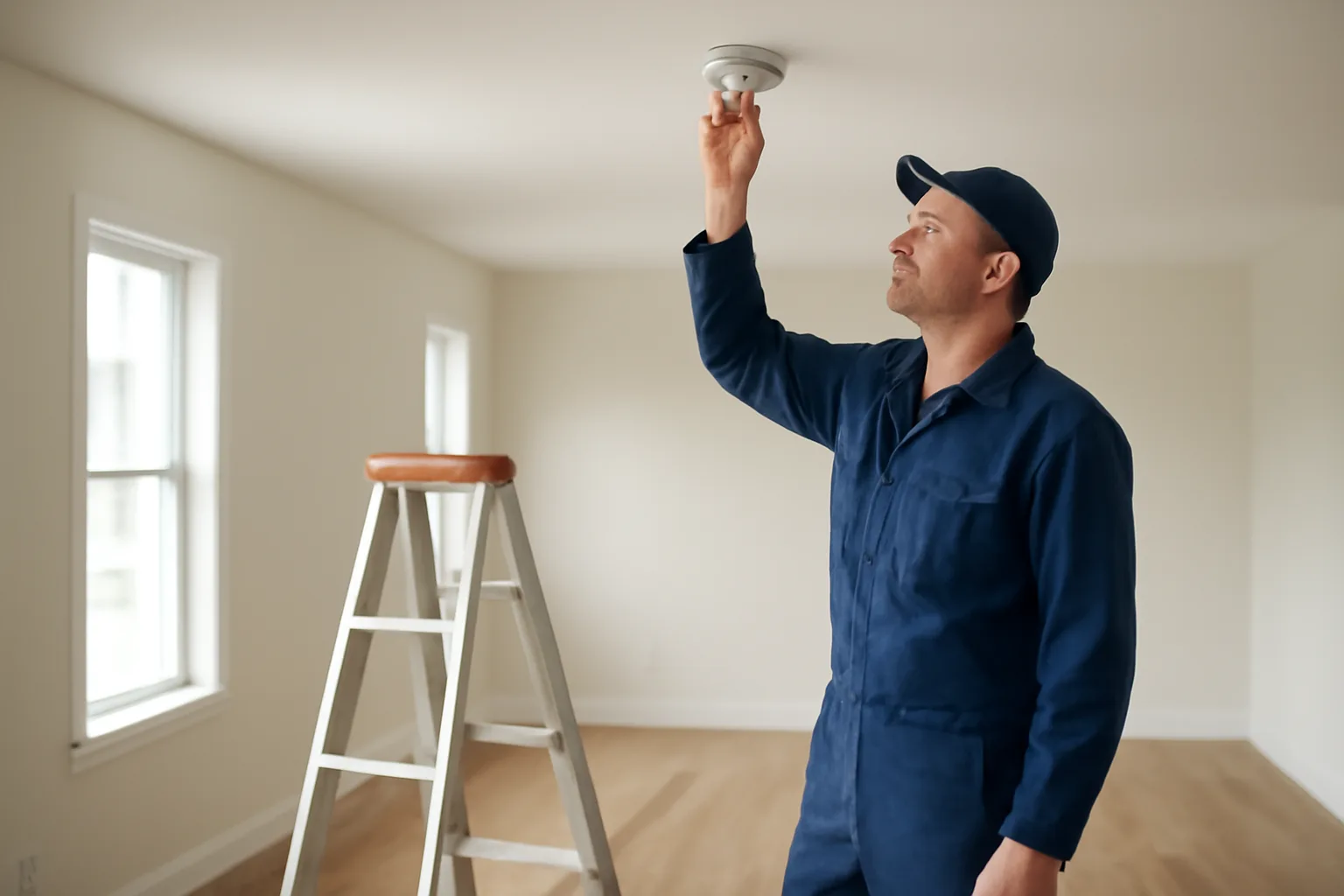 Landlord inspecting a smoke detector during a rental property walk-through