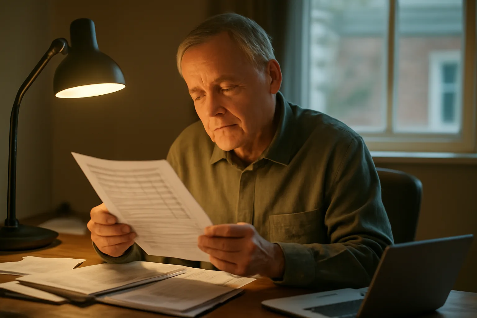 Landlord reviewing rental inspection checklist at desk in evening light