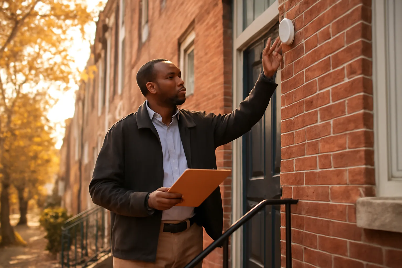 Landlord checking a smoke detector on a Philadelphia rowhome porch during renewal season