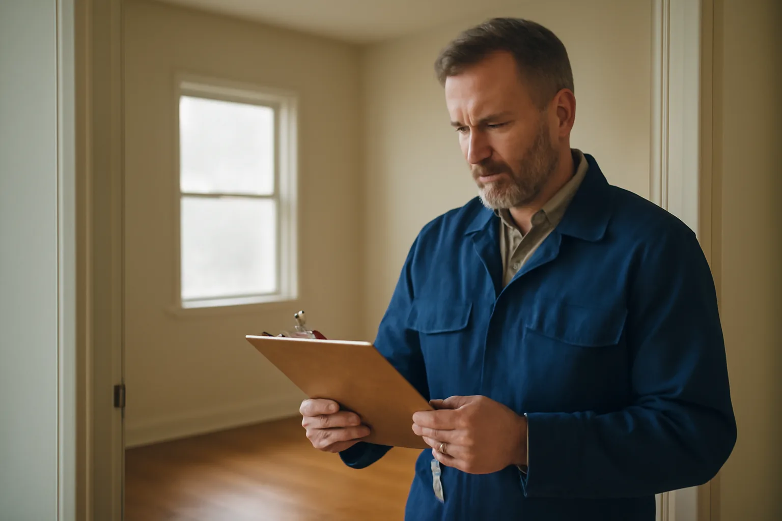 Landlord checking a rental unit before registration and inspection, holding keys in doorway