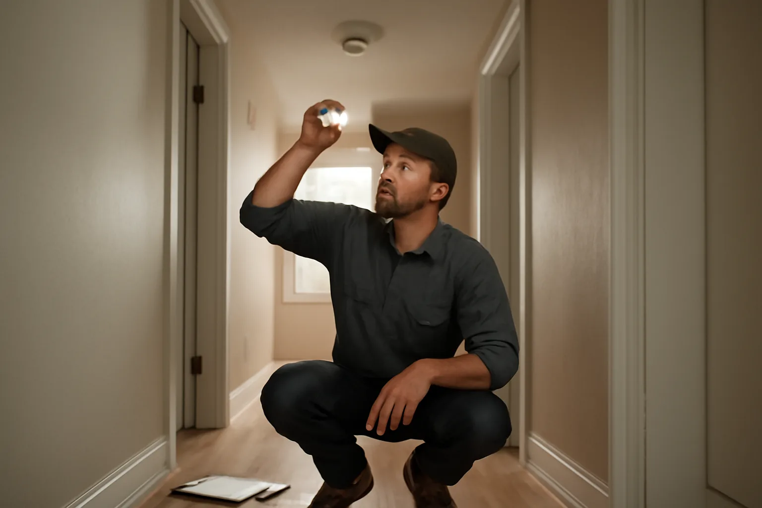 Landlord inspecting a smoke detector during a rental safety walk-through