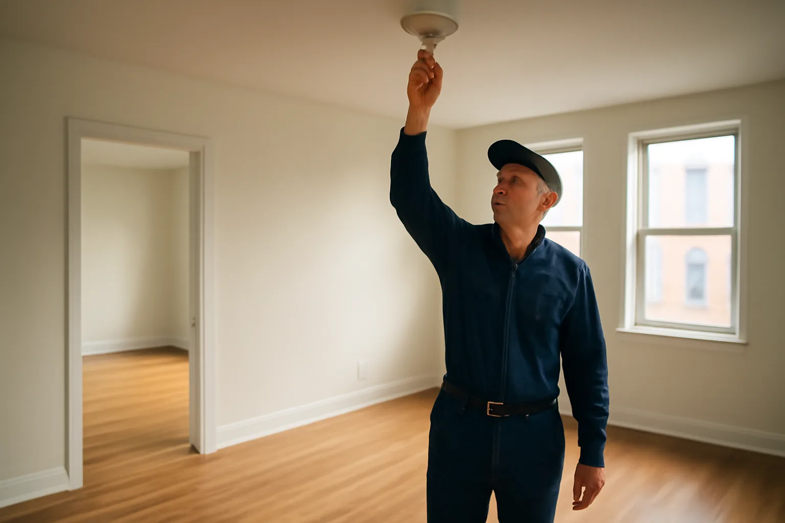 landlord inspecting a smoke detector during a rental property walk-through in an empty apartment