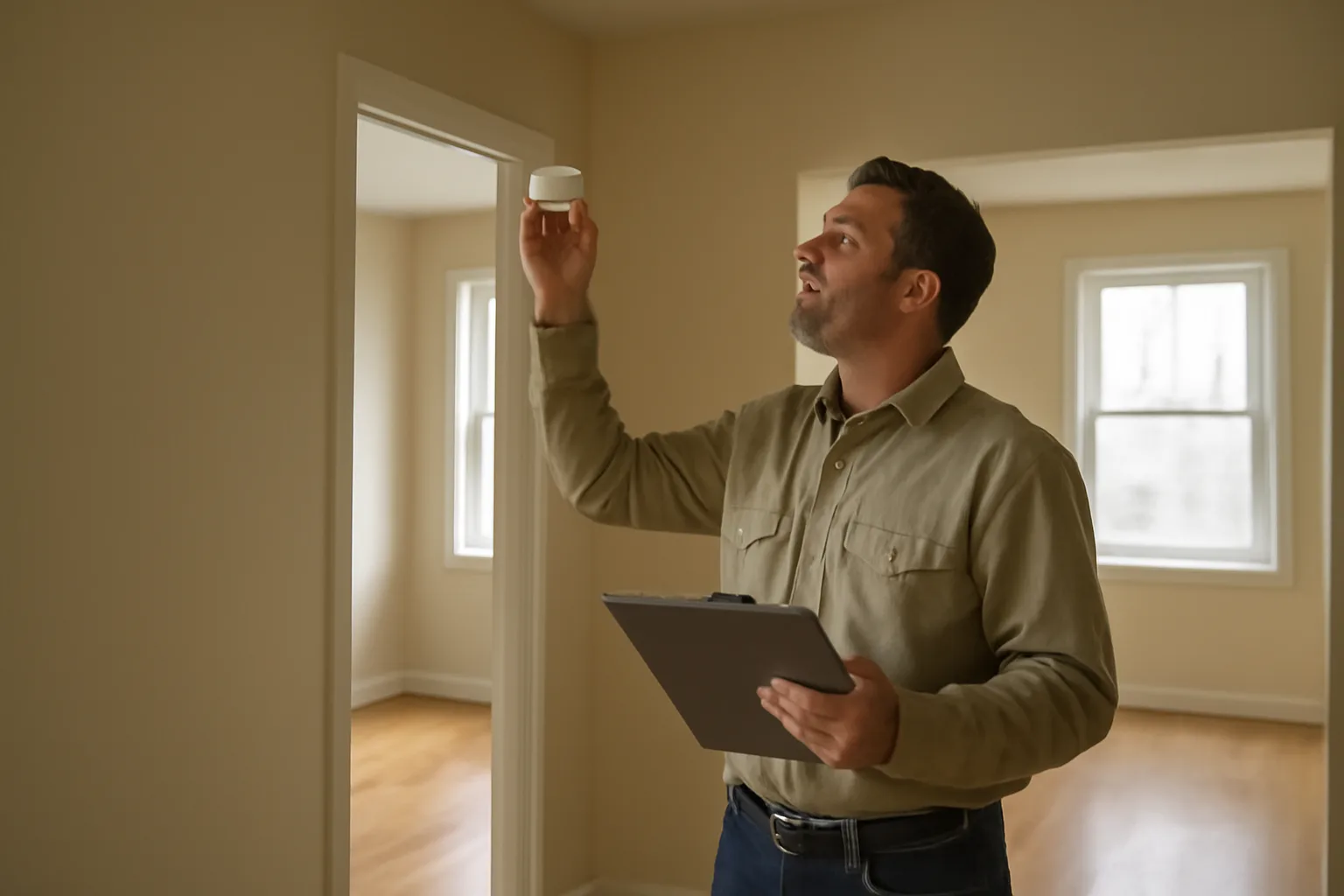 Landlord checking a smoke detector during a rental unit walk-through inspection