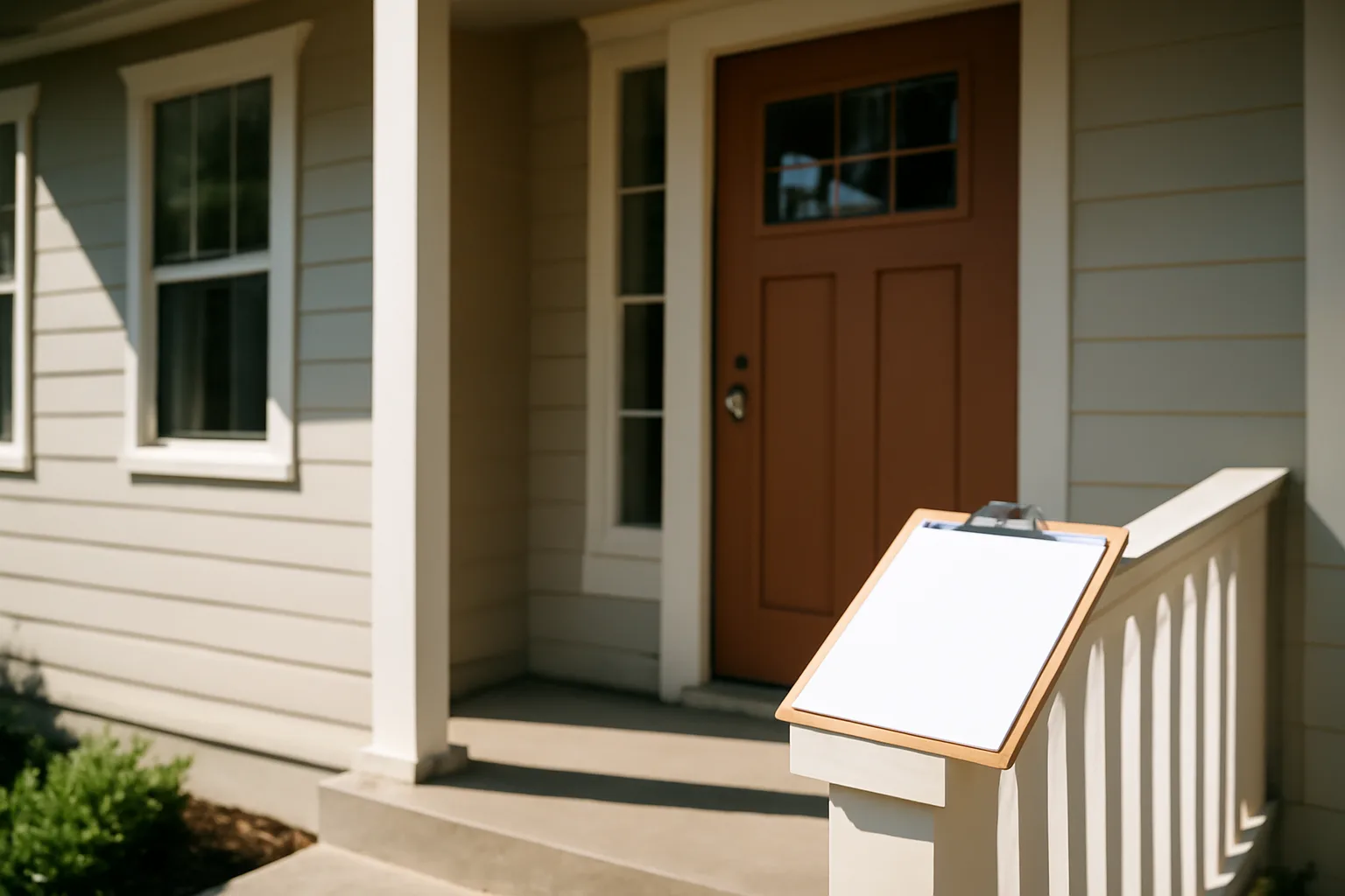 Landlord clipboard resting on a duplex porch railing during a rental inspection visit
