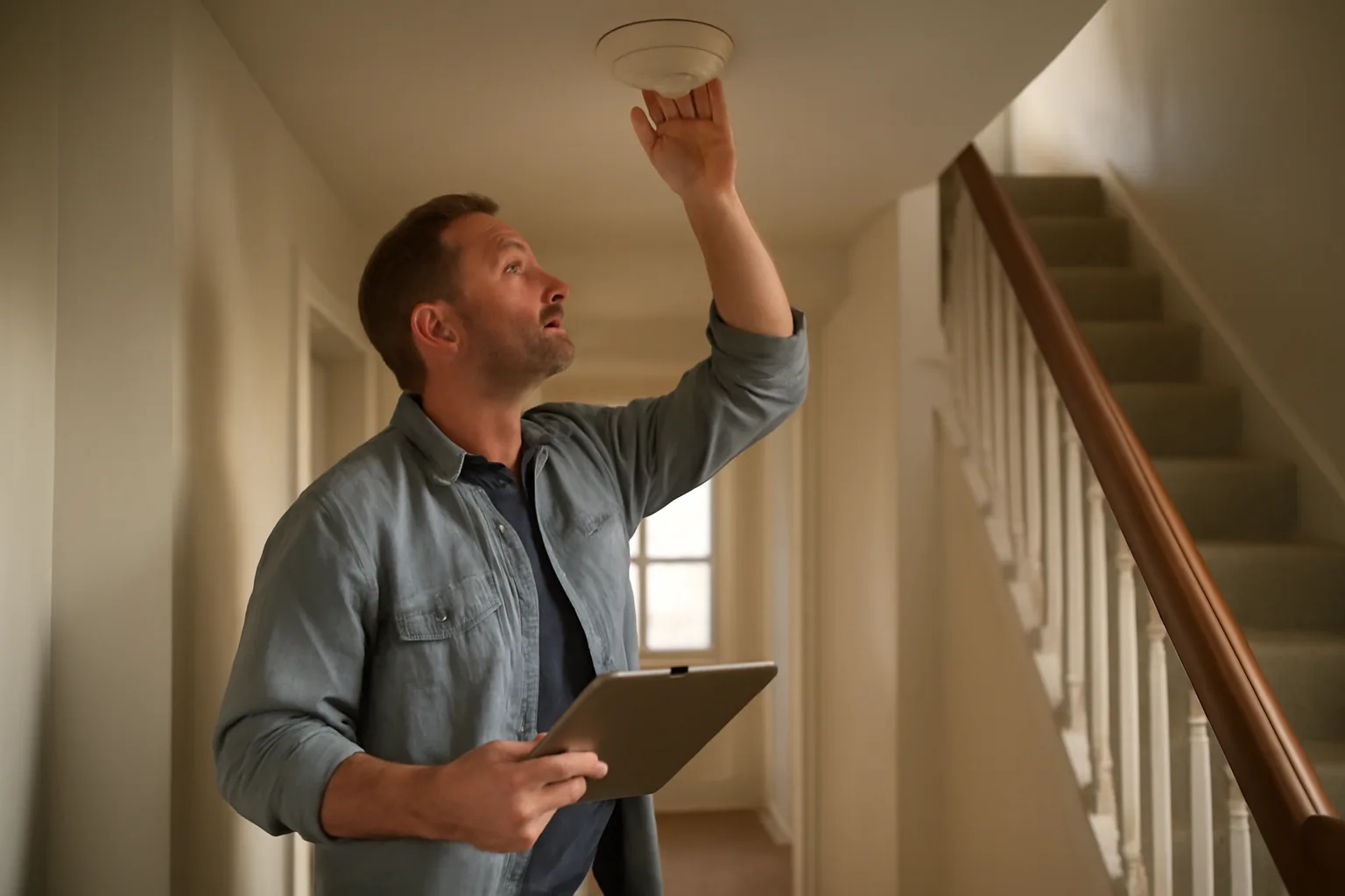 Landlord inspecting a smoke detector in a rental unit hallway during a walkthrough