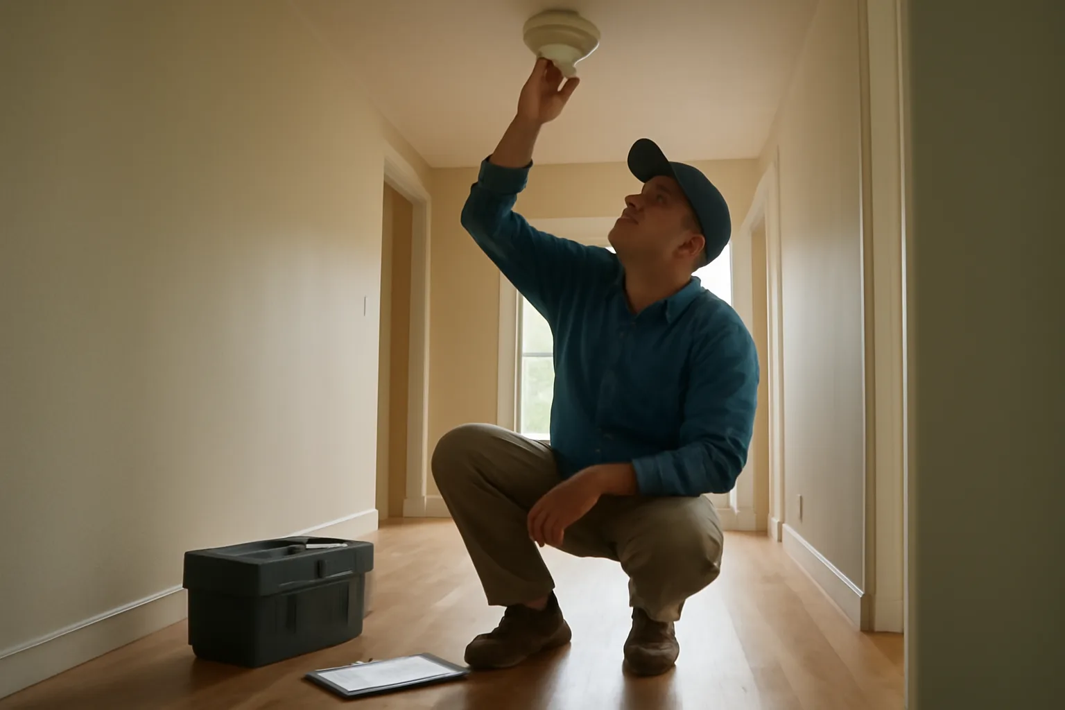 Landlord using a rental checklist to inspect a smoke detector in an empty apartment