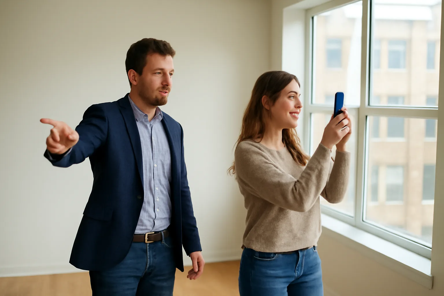 Landlord and tenant walking through an empty rental unit during a move-in inspection