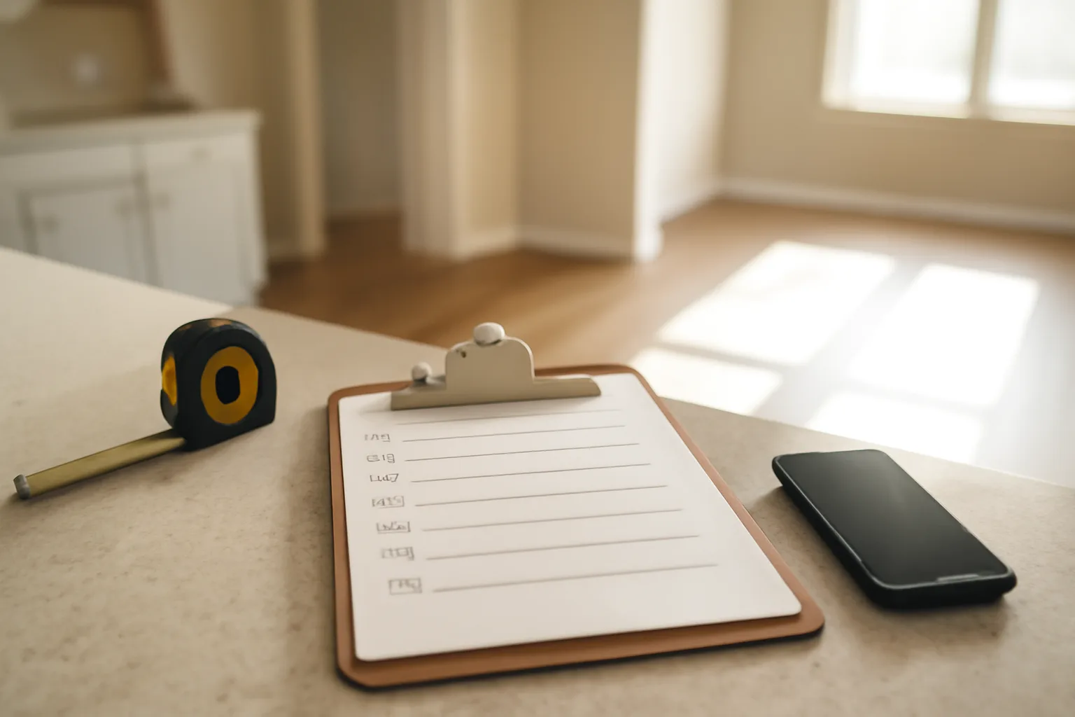 Clipboard with rental checklist template on kitchen counter during move-in walkthrough