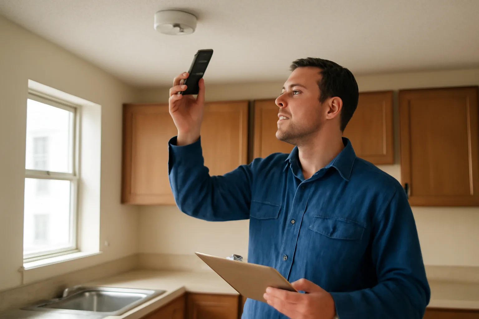 Landlord using a rental inspection app to photograph a smoke detector during a unit walk-through