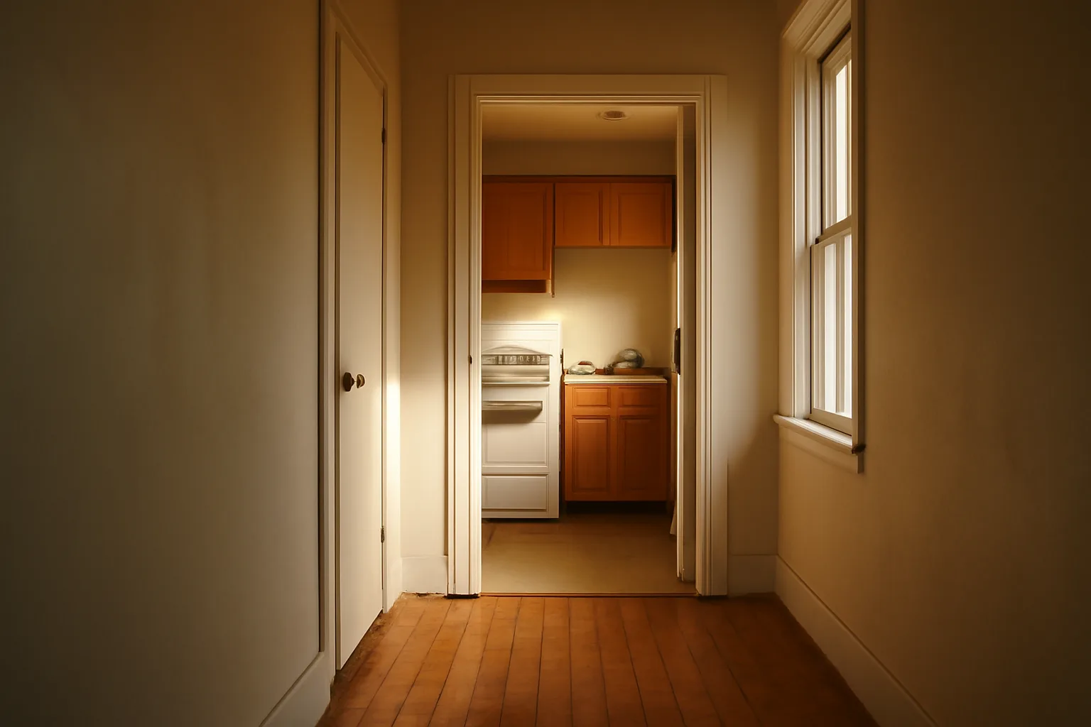 Landlord and inspector standing in a rental unit hallway during a housing inspection