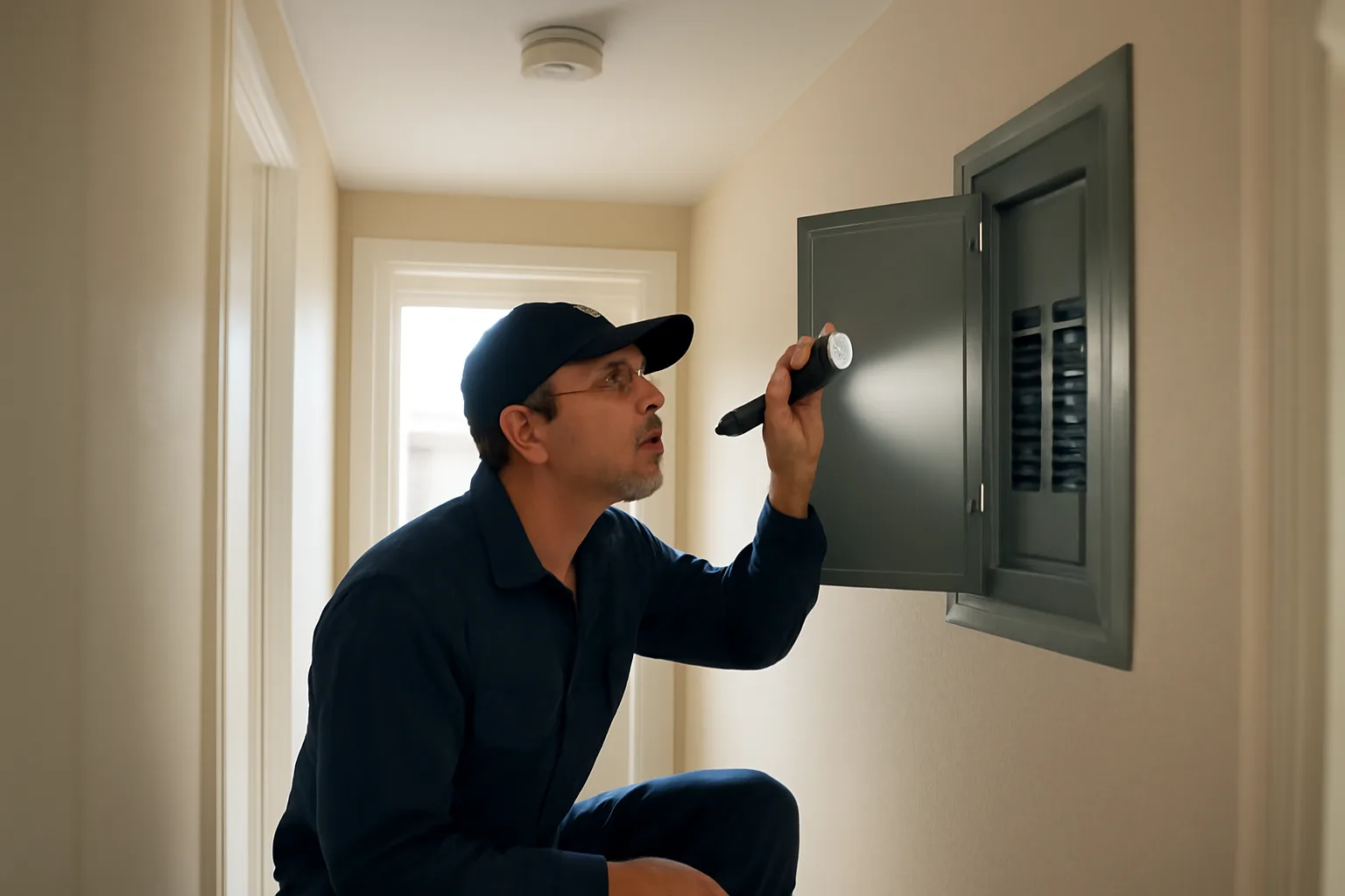Landlord checking a smoke detector during a rental inspection in a hallway