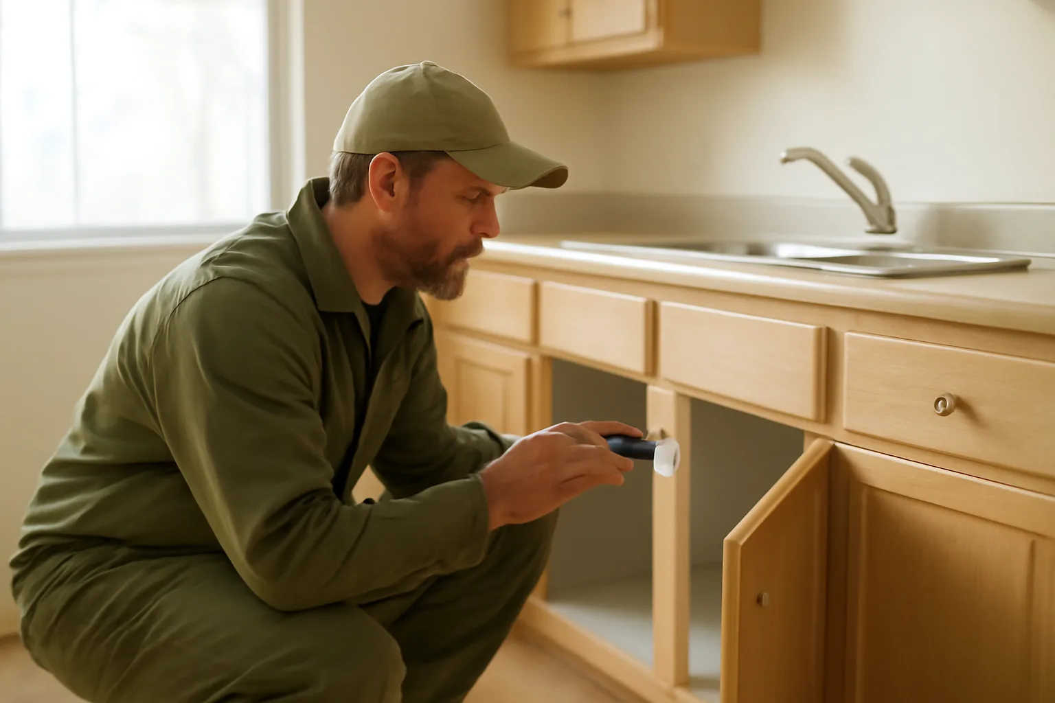 Landlord using a rental inspection template to check under a kitchen sink