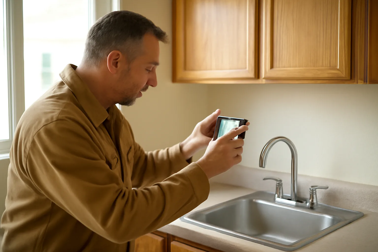 Landlord using a phone to document unit condition during a rental inspection walkthrough