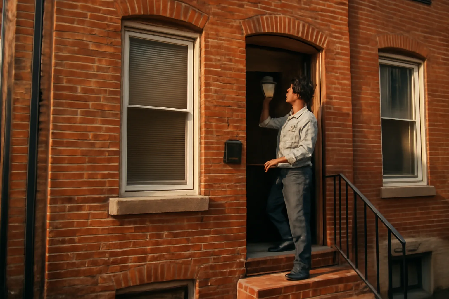 Landlord inspecting a smoke detector inside a Philadelphia rowhouse rental unit