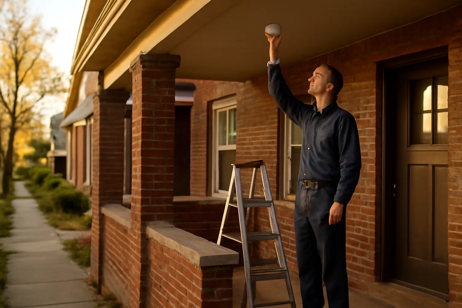 Landlord checking a smoke detector on a Denver rental property porch