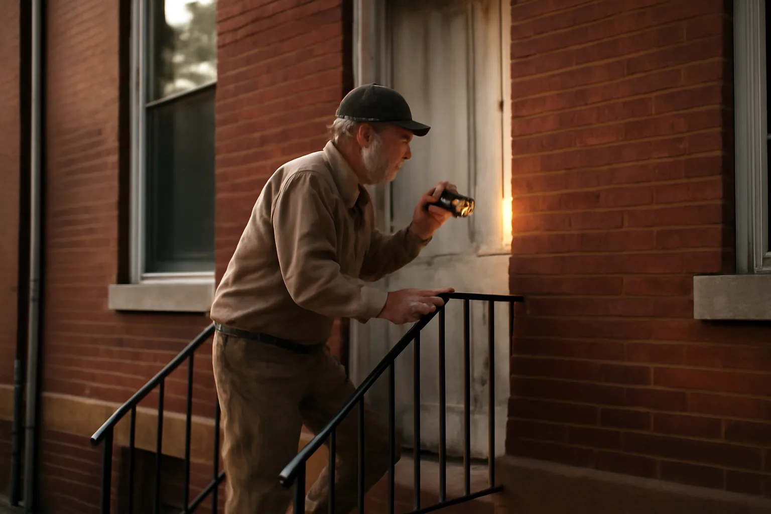 Landlord inspecting a Philadelphia rowhouse exterior for rental license compliance