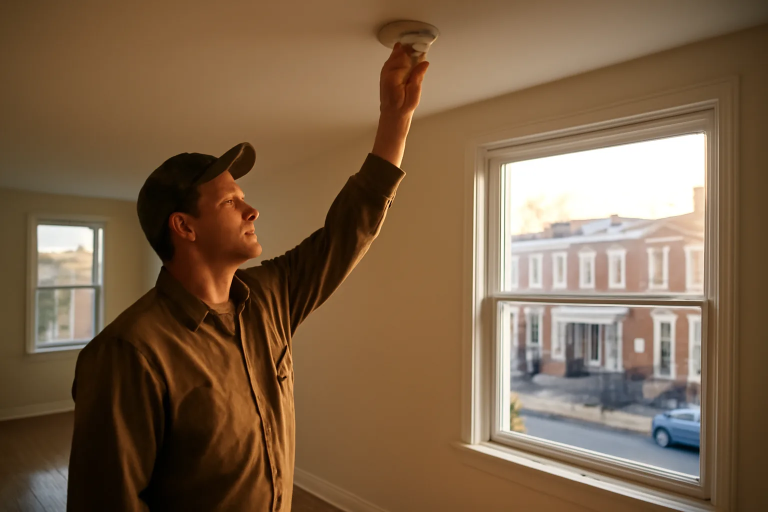 Landlord checking a smoke detector during a Philadelphia rental unit walkthrough