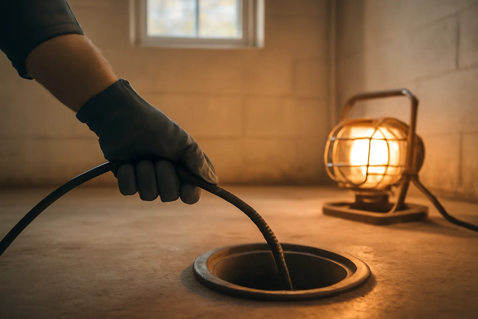 technician feeding a sewer inspection camera cable into a basement cleanout pipe