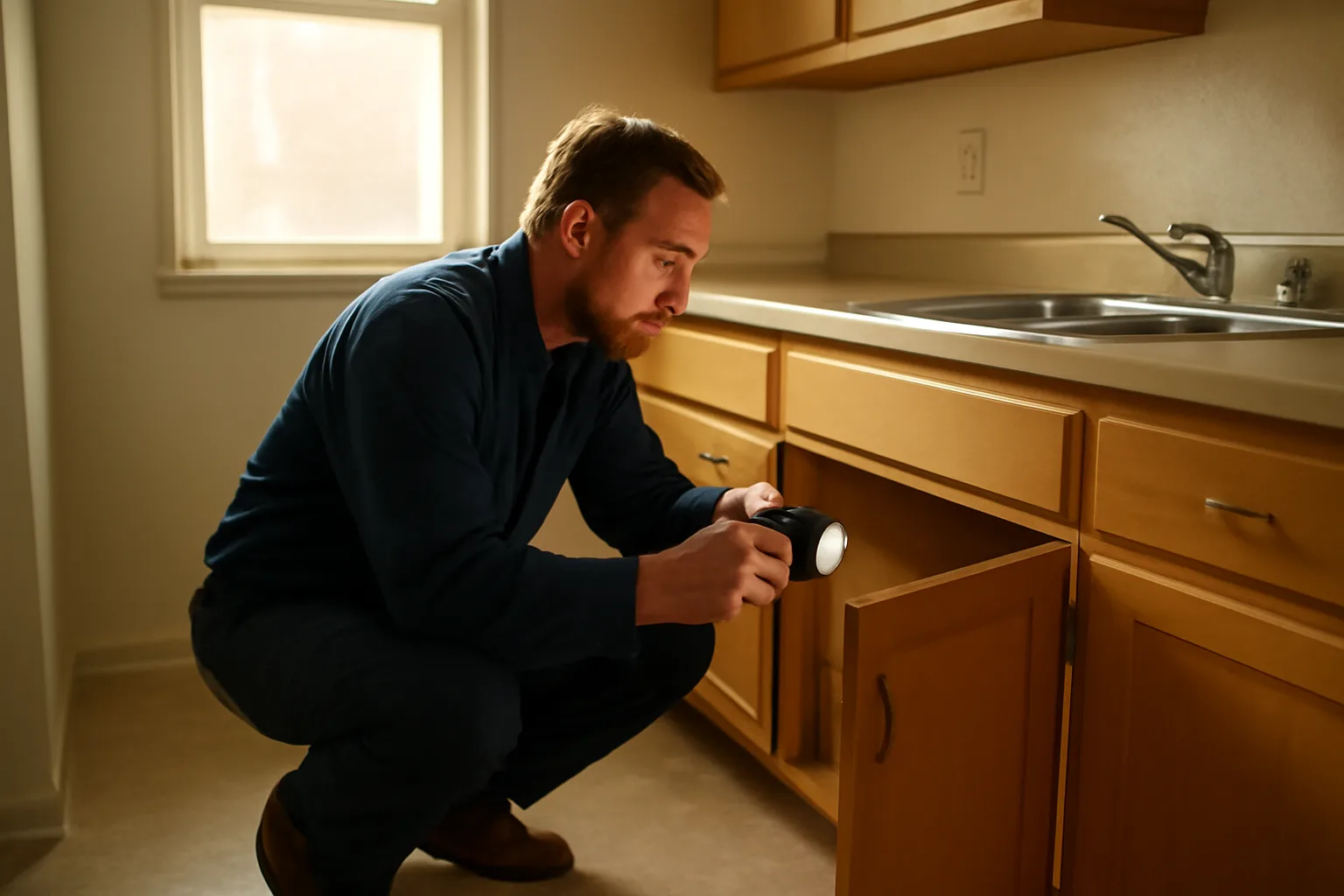 Landlord inspecting under a kitchen sink during a rental property condition checklist walkthrough