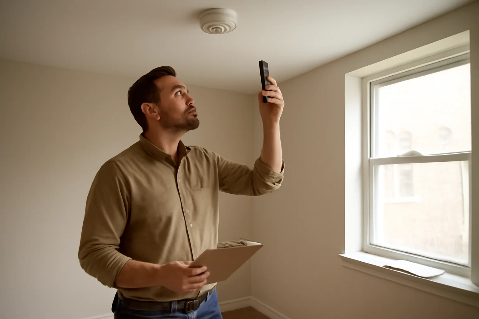 Landlord using a phone to photograph a smoke detector during a rental property inspection