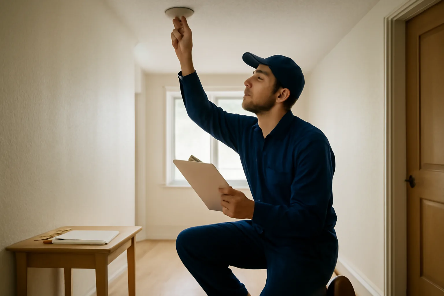 Inspector testing a smoke detector during a rental property inspection in an apartment hallway