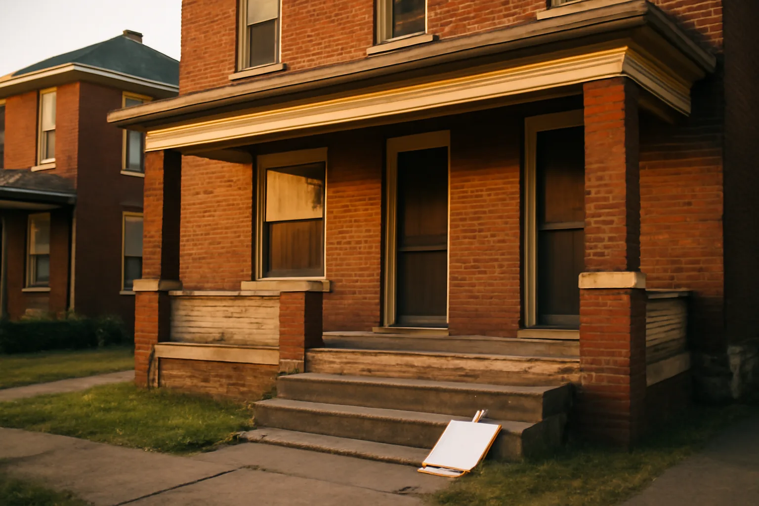Brick rental duplex on a Louisville street during a habitability inspection visit