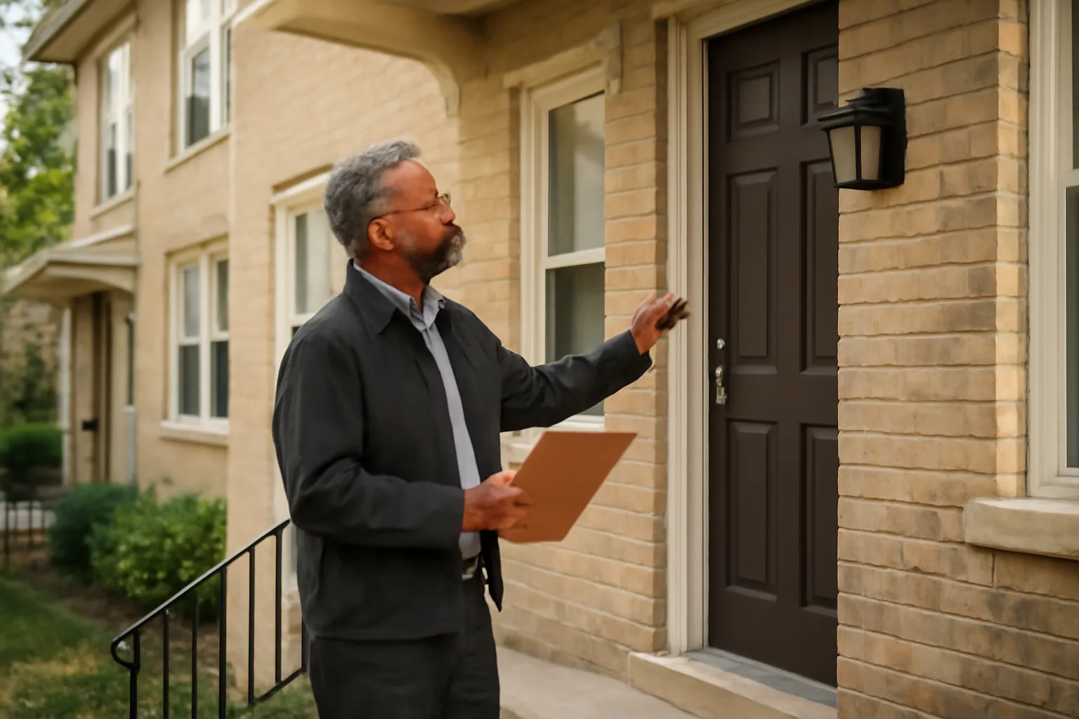 Landlord inspecting exterior of a small rental property for a city registration inspection