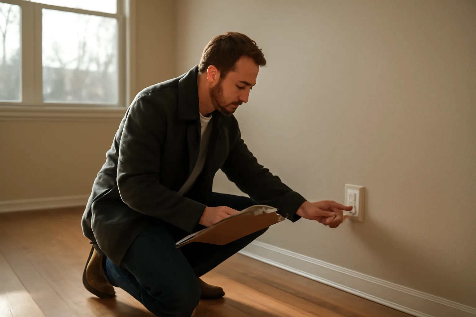 Landlord using a clipboard checklist during an empty apartment walkthrough inspection