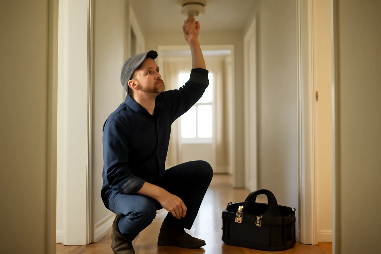 Landlord testing a smoke detector during a rental property inspection walk-through